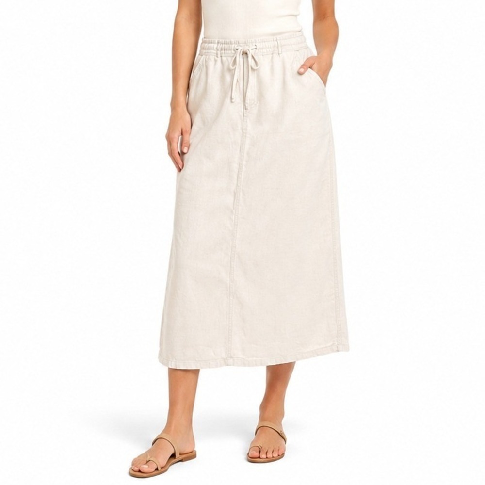 Crossroads 100% Linen Skirt Women L Beige Midi Drawstring Casual Sustainable Eco